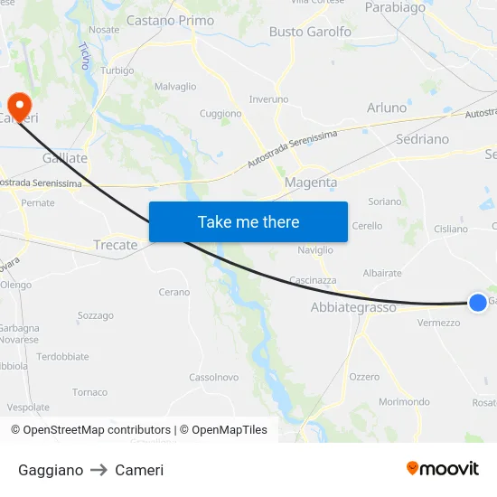 Gaggiano to Cameri map