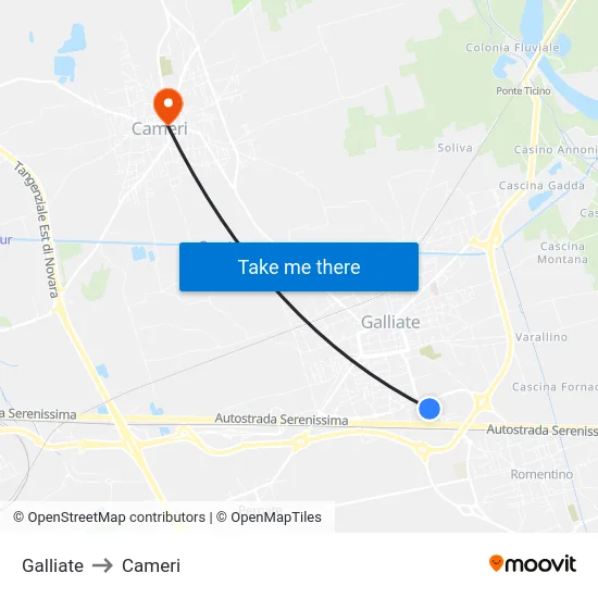 Galliate to Cameri map