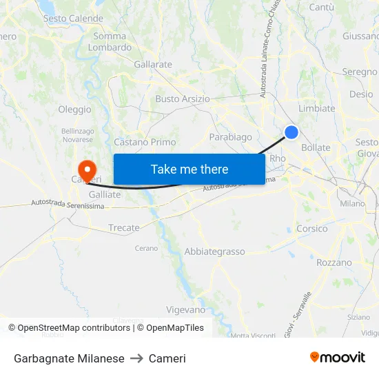 Garbagnate Milanese to Cameri map