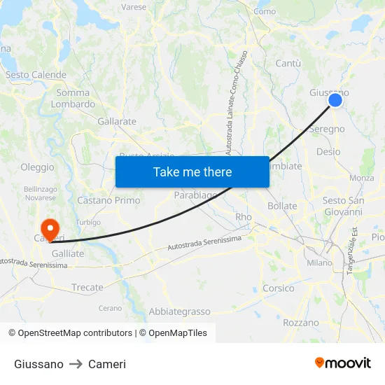 Giussano to Cameri map
