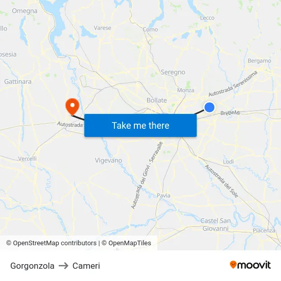 Gorgonzola to Cameri map