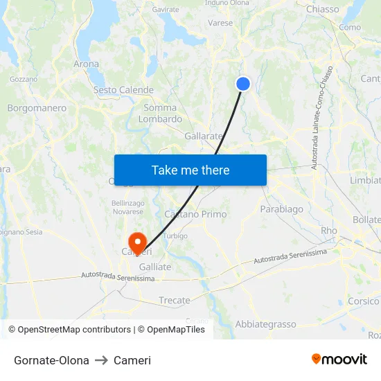 Gornate-Olona to Cameri map