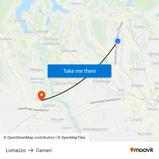 Lomazzo to Cameri map