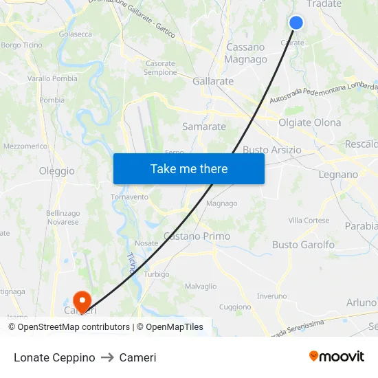 Lonate Ceppino to Cameri map