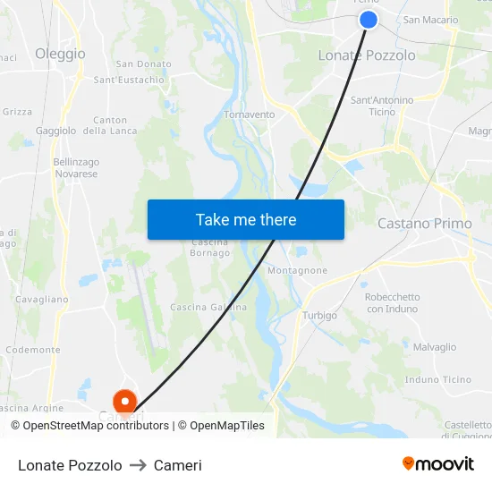 Lonate Pozzolo to Cameri map