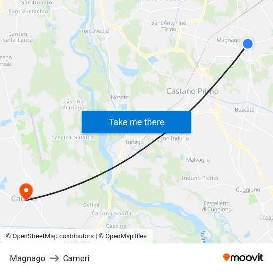 Magnago to Cameri map