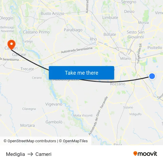 Mediglia to Cameri map
