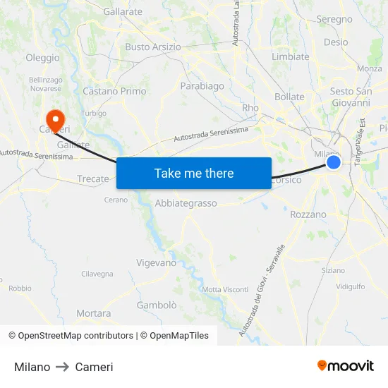 Milan to Cameri map
