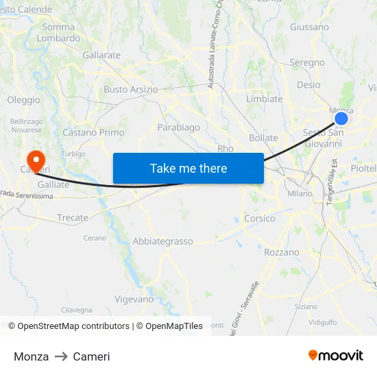 Monza to Cameri map