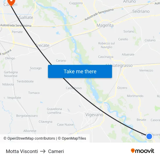 Motta Visconti to Cameri map