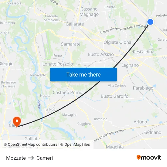 Mozzate to Cameri map