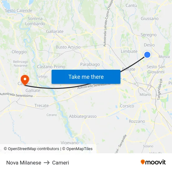 Nova Milanese to Cameri map