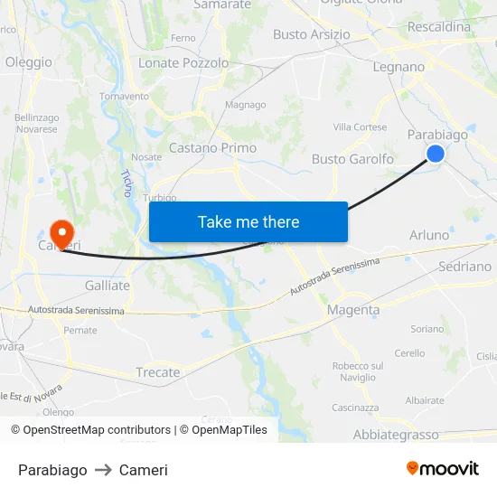 Parabiago to Cameri map