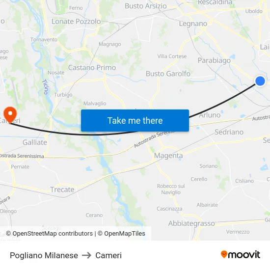 Pogliano Milanese to Cameri map