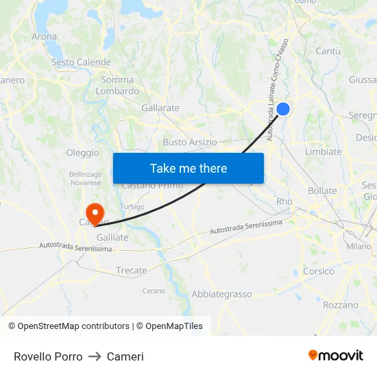 Rovello Porro to Cameri map