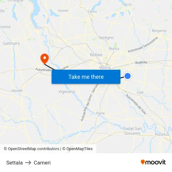 Settala to Cameri map