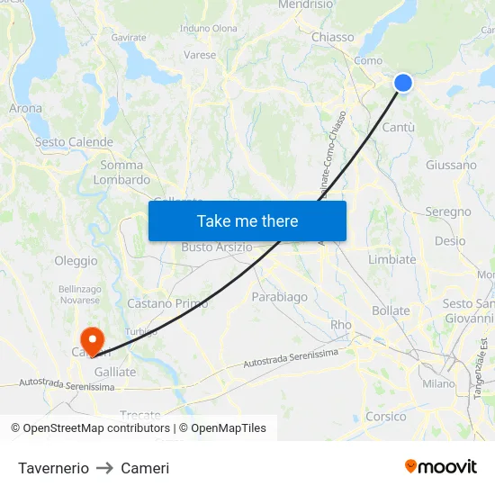 Tavernerio to Cameri map