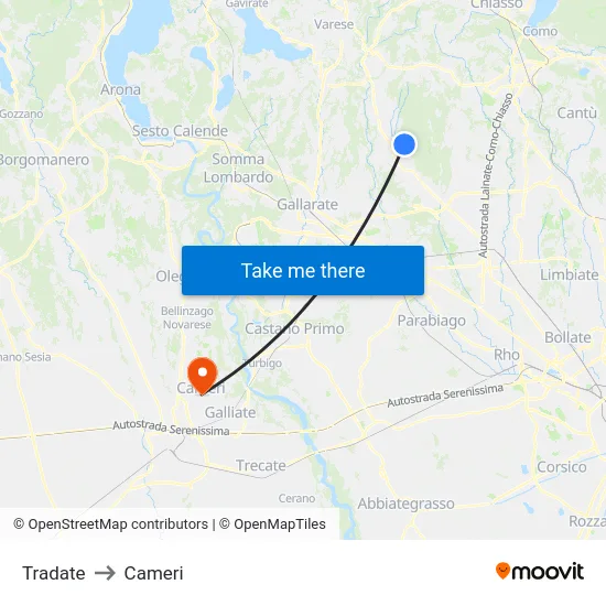 Tradate to Cameri map