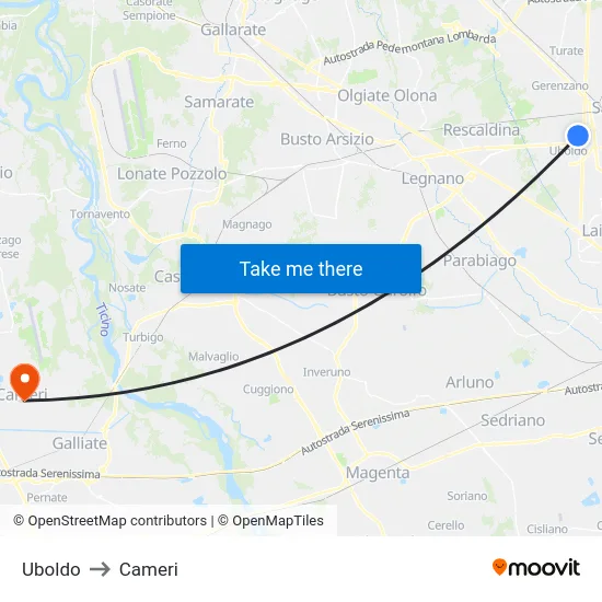 Uboldo to Cameri map