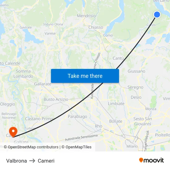 Valbrona to Cameri map