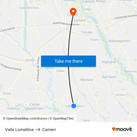 Valle Lomellina to Cameri map