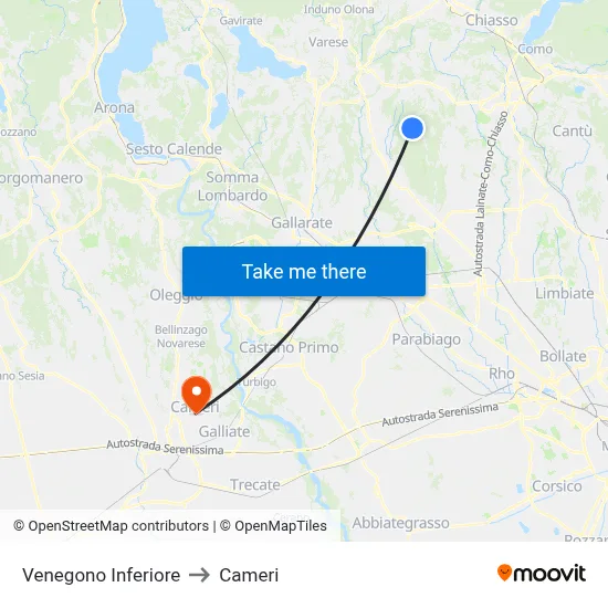 Venegono Inferiore to Cameri map
