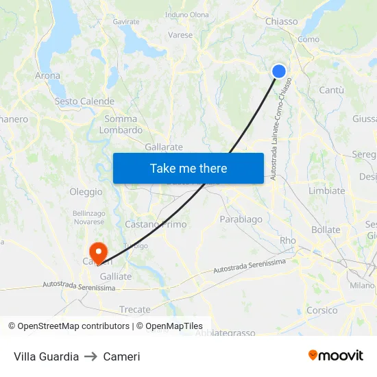 Villa Guardia to Cameri map