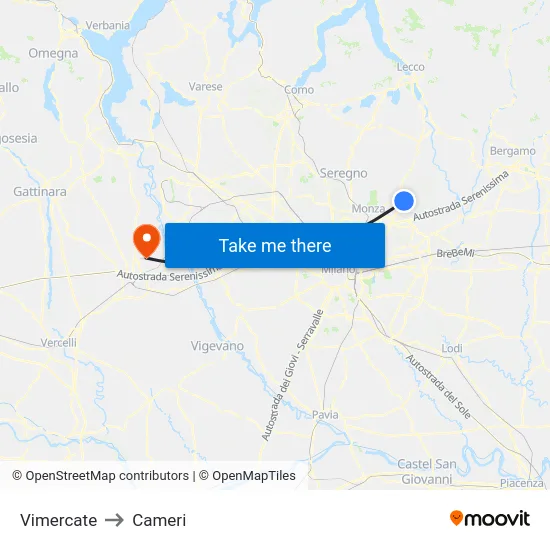 Vimercate to Cameri map