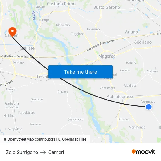 Zelo Surrigone to Cameri map