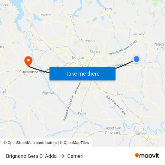 Brignano Gera d'Adda to Cameri map