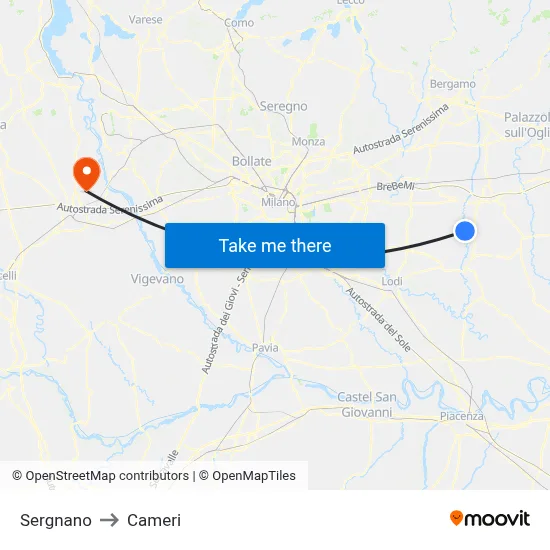 Sergnano to Cameri map