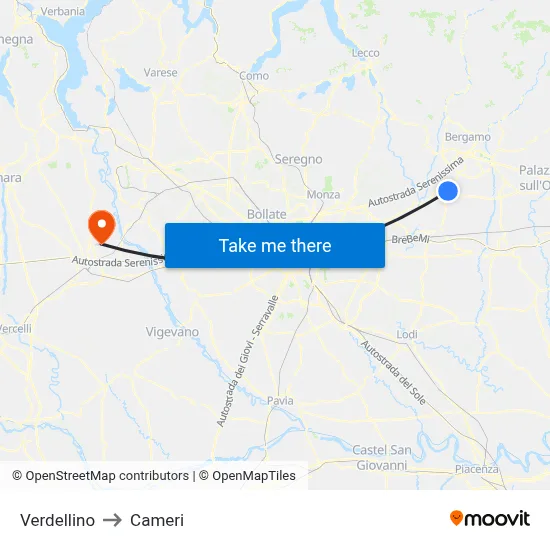 Verdellino to Cameri map