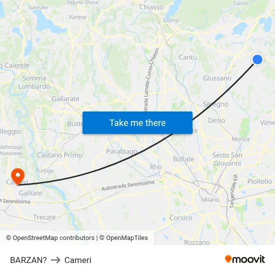 Barzan to Cameri map