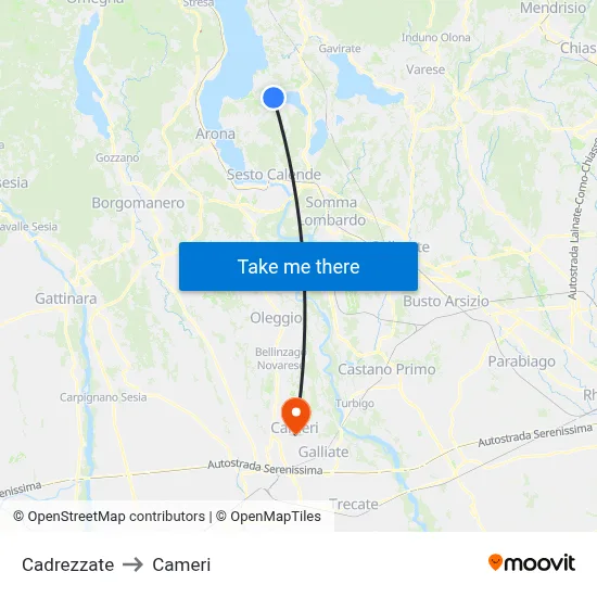 Cadrezzate to Cameri map