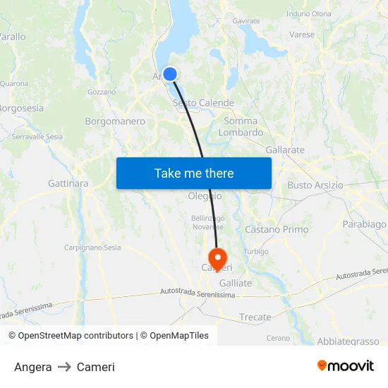 Angera to Cameri map