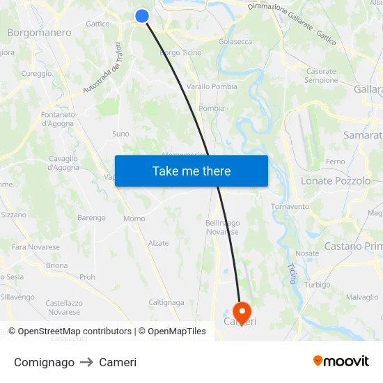 Comignago to Cameri map