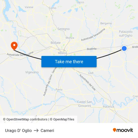 Urago D' Oglio to Cameri map