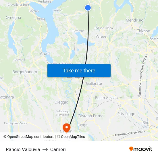 Rancio Valcuvia to Cameri map