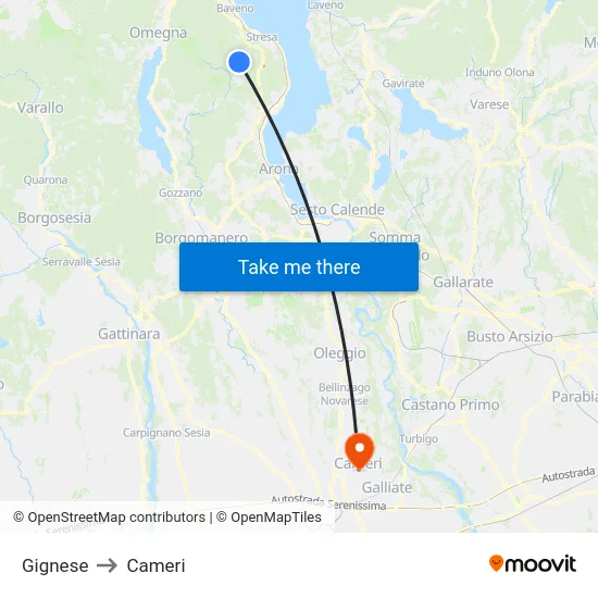 Gignese to Cameri map