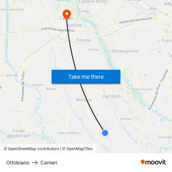Ottobiano to Cameri map