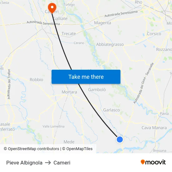 Pieve Albignola to Cameri map