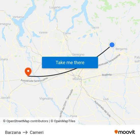 Barzana to Cameri map