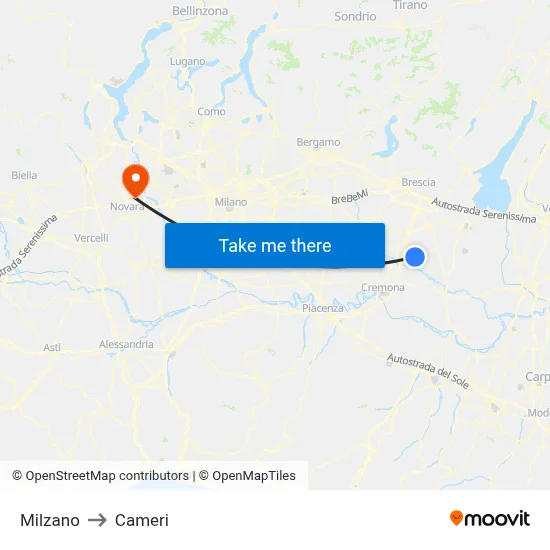 Milzano to Cameri map