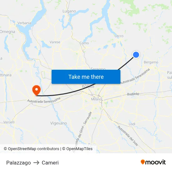 Palazzago to Cameri map