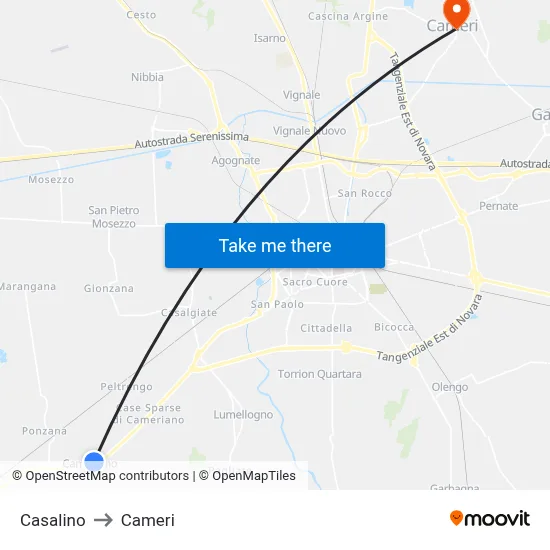 Casalino to Cameri map