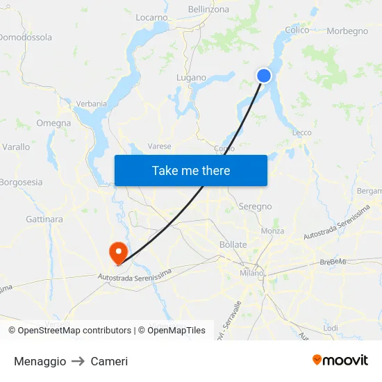 Menaggio to Cameri map