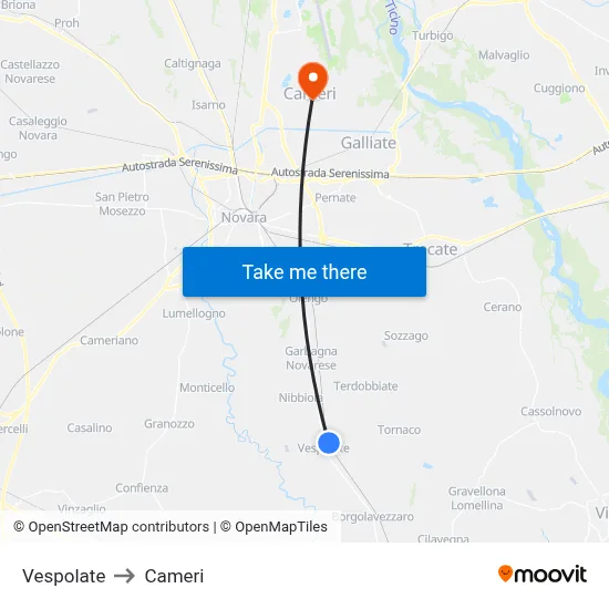 Vespolate to Cameri map