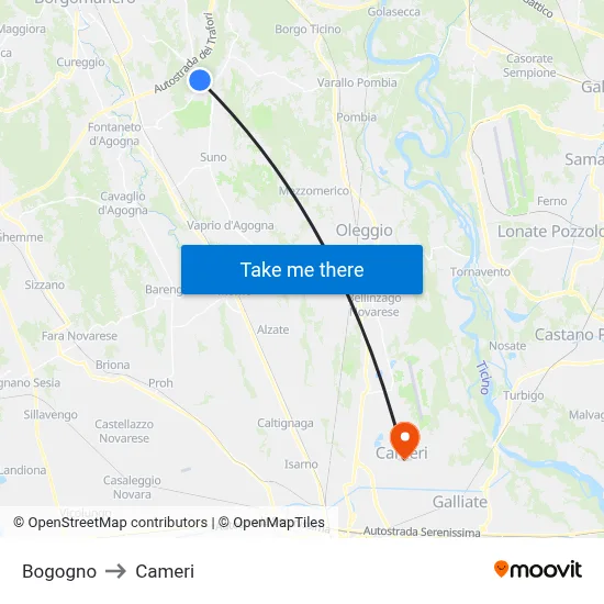 Bogogno to Cameri map