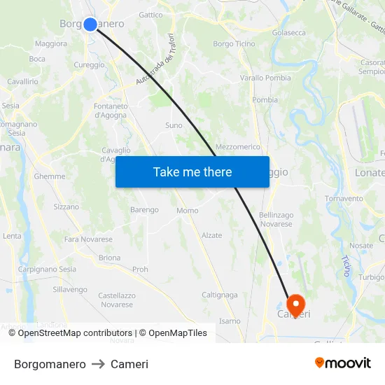 Borgomanero to Cameri map