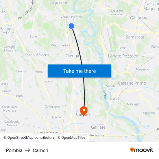 Pombia to Cameri map